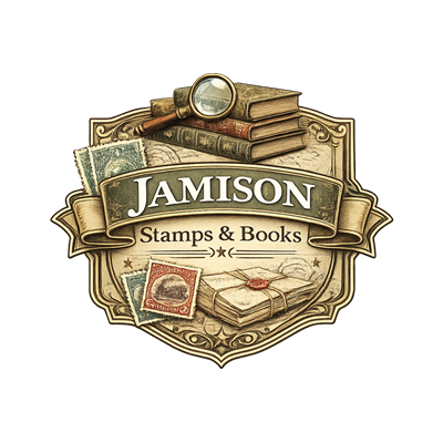 Vintage style crest logo for Jamison Stamps and Books featuring stacked antique books, a magnifying glass, classic postage stamps, and an old parcel tied with twine, rendered in warm sepia tones with ornate decorative framing.