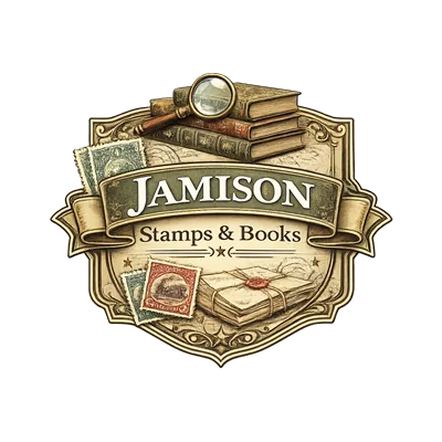 Vintage style crest logo for Jamison Stamps and Books featuring stacked antique books, a magnifying glass, classic postage stamps, and an old parcel tied with twine, rendered in warm sepia tones with ornate decorative framing.