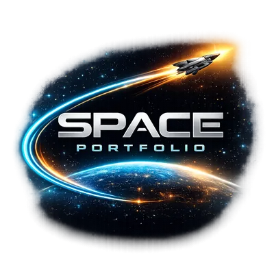 Logo design for Space Portfolio featuring a sleek silver spacecraft launching upward with a glowing trail that arcs around a view of Earth from space. The words SPACE PORTFOLIO appear in bold metallic lettering against a dark star filled background, creating a futuristic, high tech aesthetic.