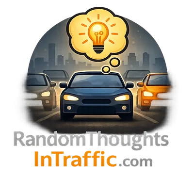Illustrated logo showing three cars driving toward the viewer at dusk with a city skyline in the background, a glowing light bulb inside a thought bubble above the center car, and the text Random Thoughts InTraffic.com below in gray and orange lettering.