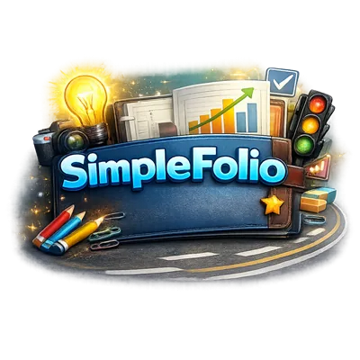 Illustrated logo graphic for SimpleFolio featuring a bold blue nameplate surrounded by creative and professional elements, including a glowing light bulb, camera, traffic light, upward trending chart, open planner, pencils, paper clips, and a small gold star, arranged on a stylized roadway background.