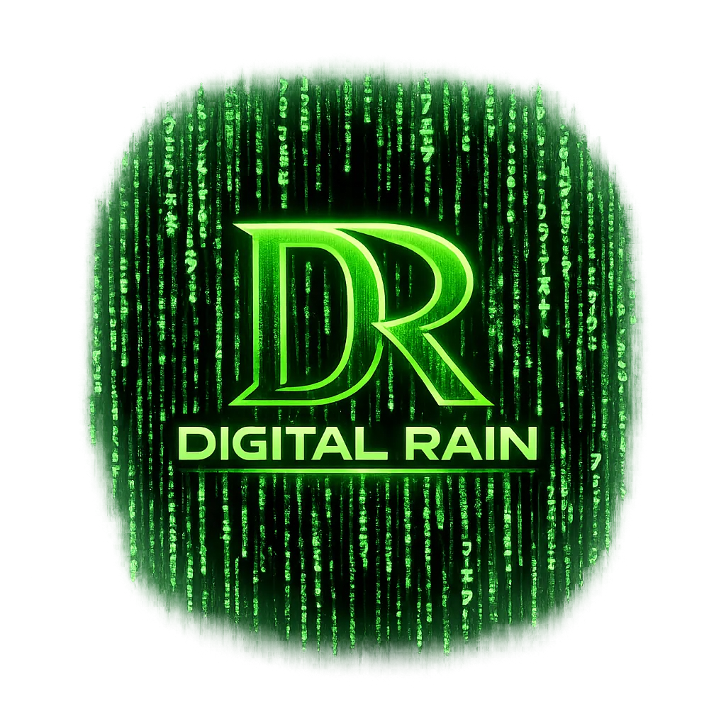 Glowing green DR monogram centered over cascading vertical code with the words Digital Rain beneath it, set against a dark background with a luminous matrix style effect.