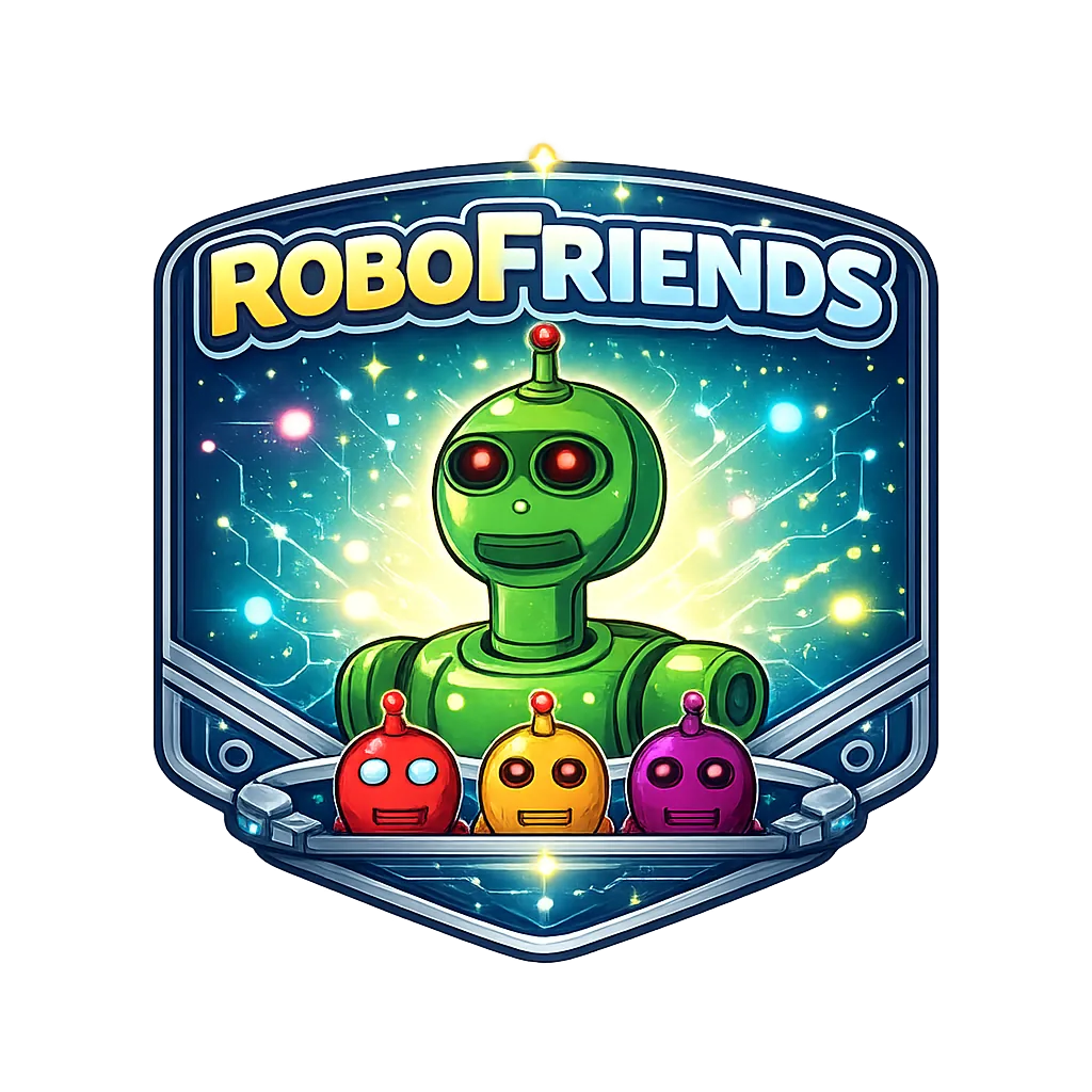 Square, modern RoboFriends emblem featuring a large green robot with glowing red eyes at the center, surrounded by three smaller red, orange, and purple robots below. The design includes bold “ROBOFRIENDS” lettering at the top, glowing circuit-like lines, and vibrant neon accents in blue, yellow, and pink, all styled as a colorful tech-inspired badge on a transparent background.