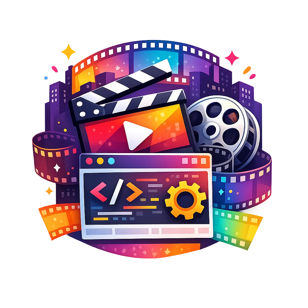 Square, modern Film Festival emblem featuring a large green robot with glowing red eyes at the center, surrounded by three smaller red, orange, and purple robots below. The design includes bold “FILM FESTIVAL” lettering at the top, glowing circuit-like lines, and vibrant neon accents in blue, yellow, and pink, all styled as a colorful tech-inspired badge on a transparent background.