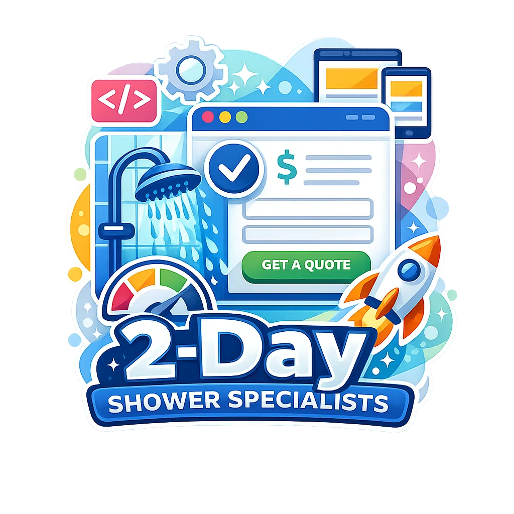 Colorful modern logo for 2-Day Shower Specialists featuring a stylized showerhead with flowing water, a web landing page interface with a quote button, performance gauge, and rocket icon representing speed, surrounded by bright blue and aqua design elements on a transparent background.